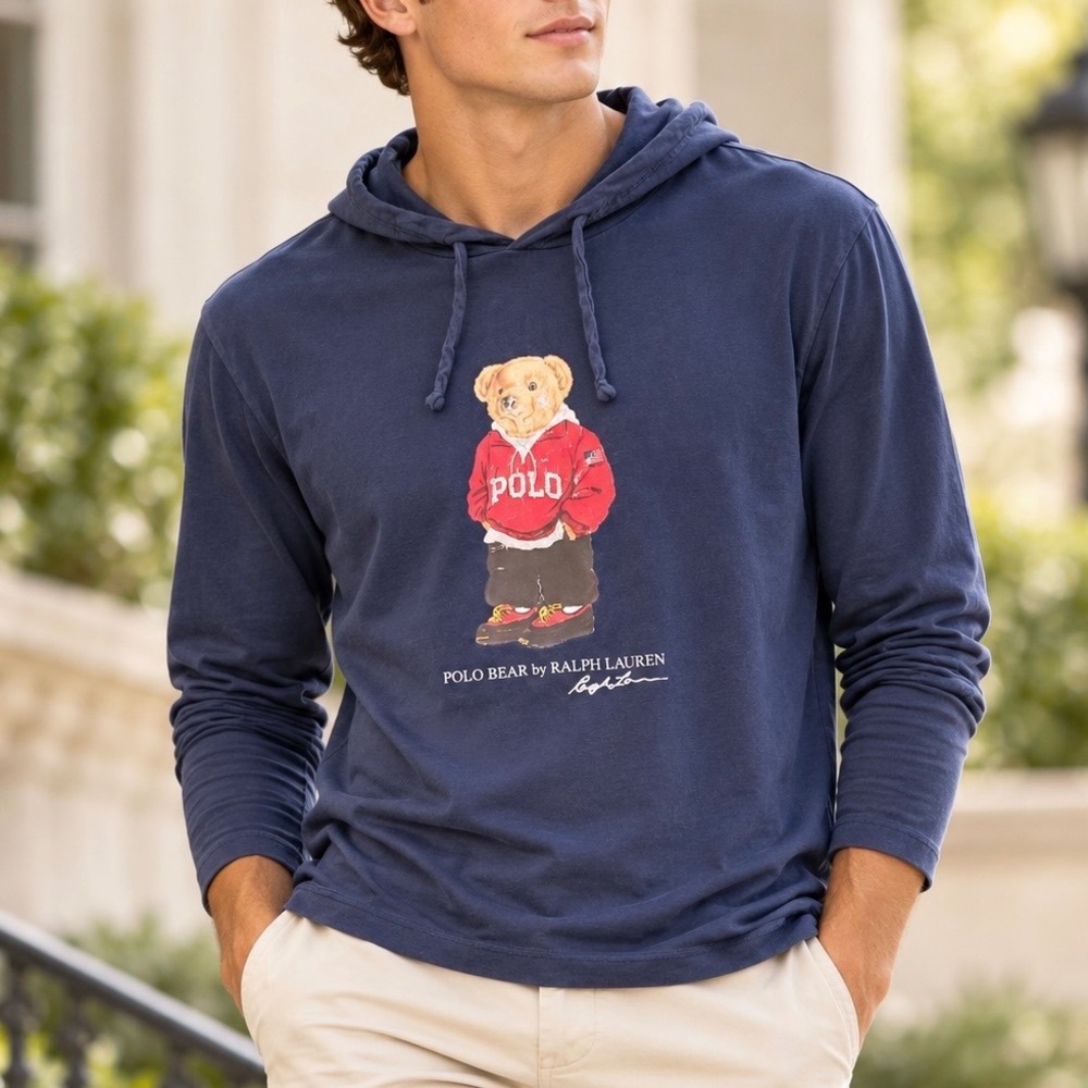 Polo Ralph Lauren Polo Bear Hooded T-Shirt Men L Navy Long Sleeve Jersey Preppy